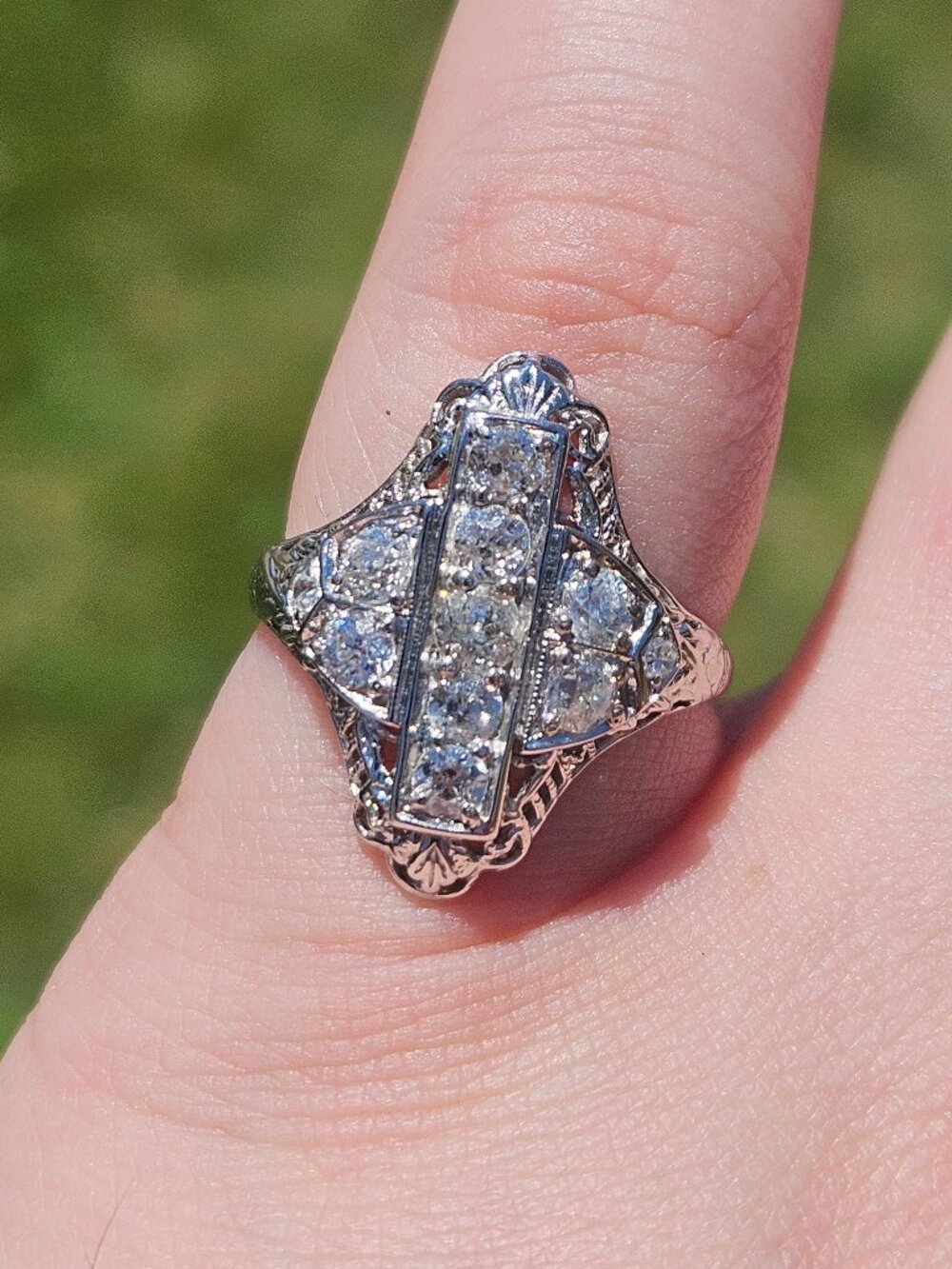 Vintage 14K White Gold Diamond Art Deco Filigree Cocktail Statement Ring Size6.5